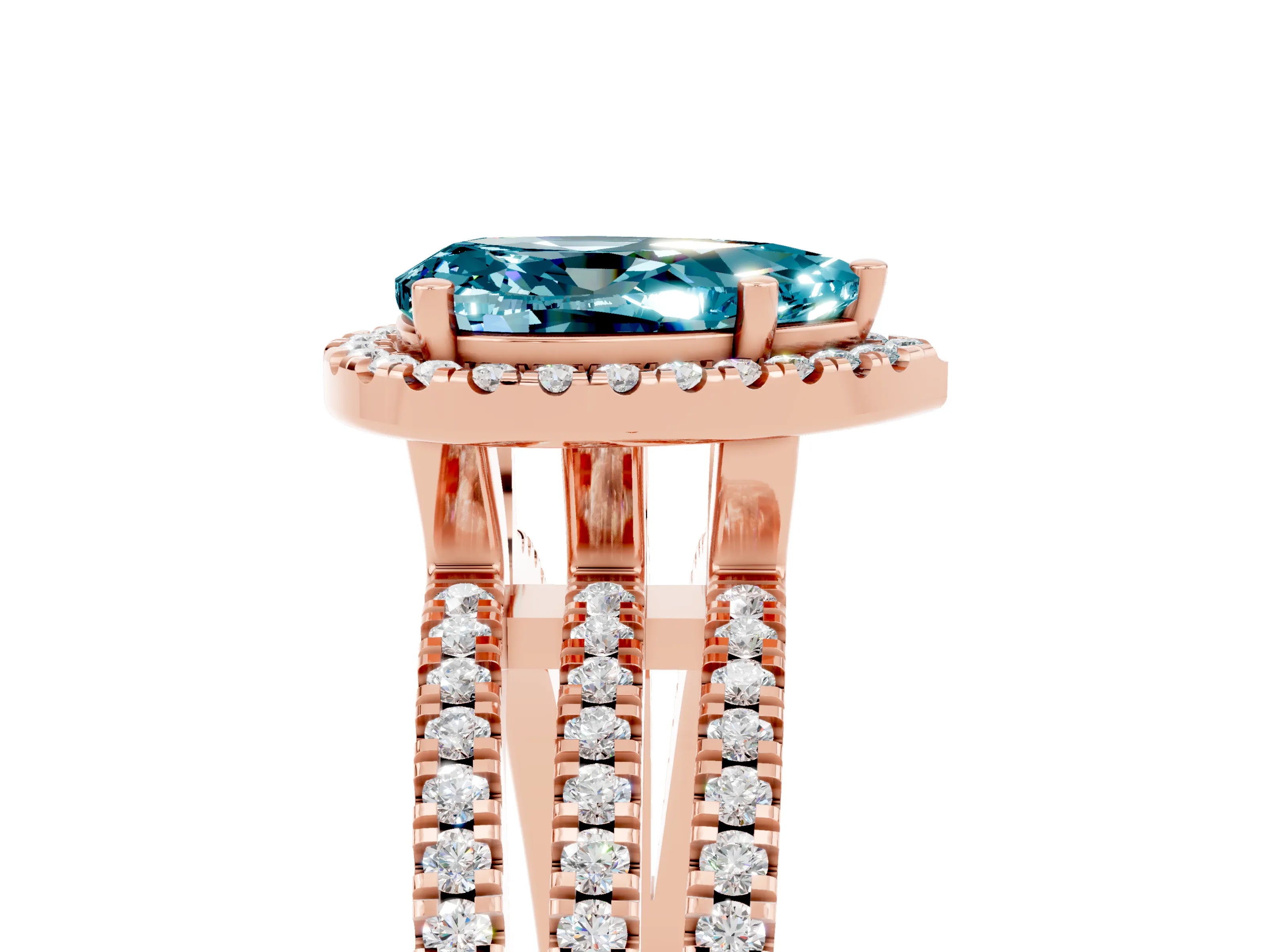 Rose gold {shape_name} Blue Topaz Halo Engagement Ring with Split Shank and Four-Prong Setting_5