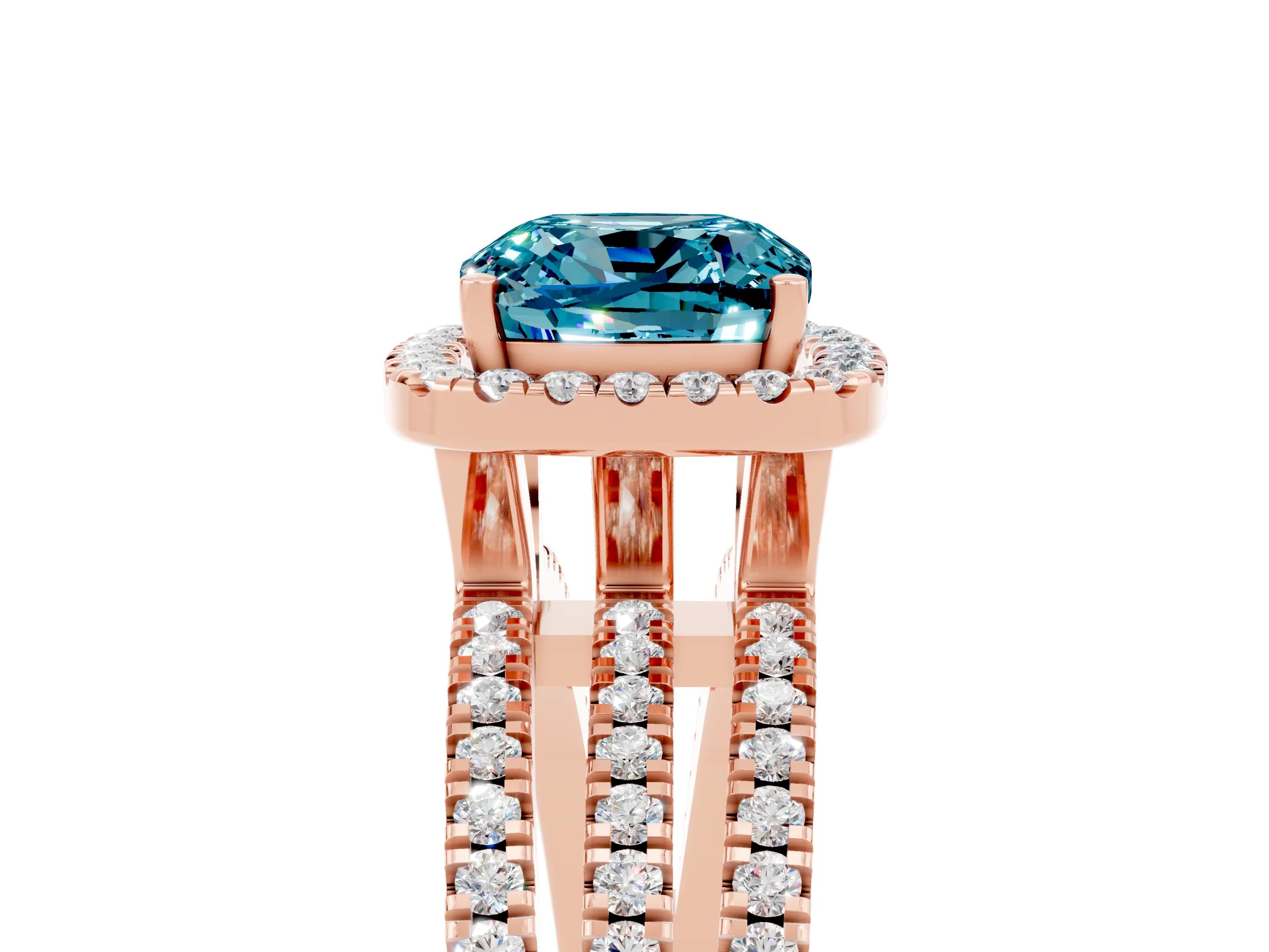 Rose gold {shape_name} Blue Topaz Halo Engagement Ring with Split Shank and Four-Prong Setting_5