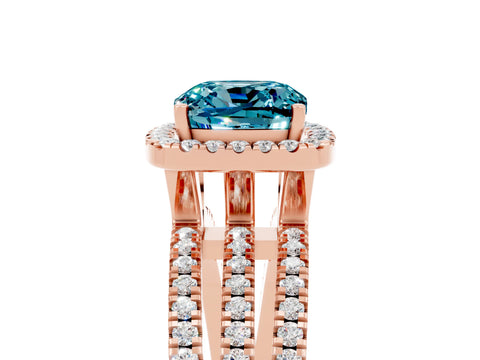 Rose gold {shape_name} Blue Topaz Halo Engagement Ring with Split Shank and Four-Prong Setting_5