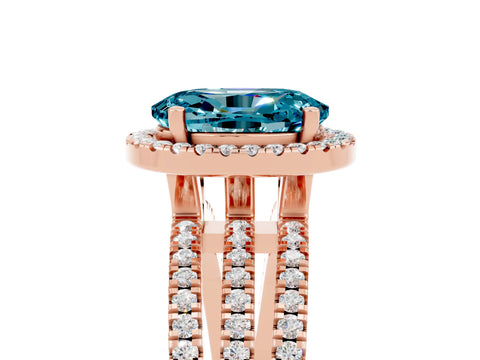 Rose gold {shape_name} Blue Topaz Halo Engagement Ring with Split Shank and Four-Prong Setting_5