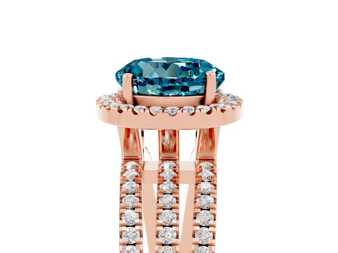 Rose gold {shape_name} Blue Topaz Halo Engagement Ring with Split Shank and Four-Prong Setting_5