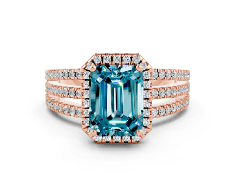 Rose gold {shape_name} Blue Topaz Halo Engagement Ring with Split Shank and Four-Prong Setting