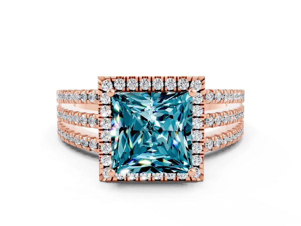 Rose gold Princess Cut Blue Topaz Halo Engagement Ring with Split Shank and Four-Prong Setting