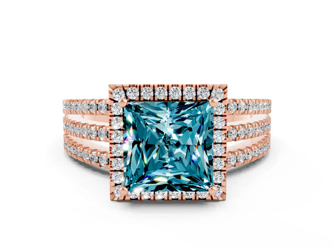 Rose gold {shape_name} Blue Topaz Halo Engagement Ring with Split Shank and Four-Prong Setting