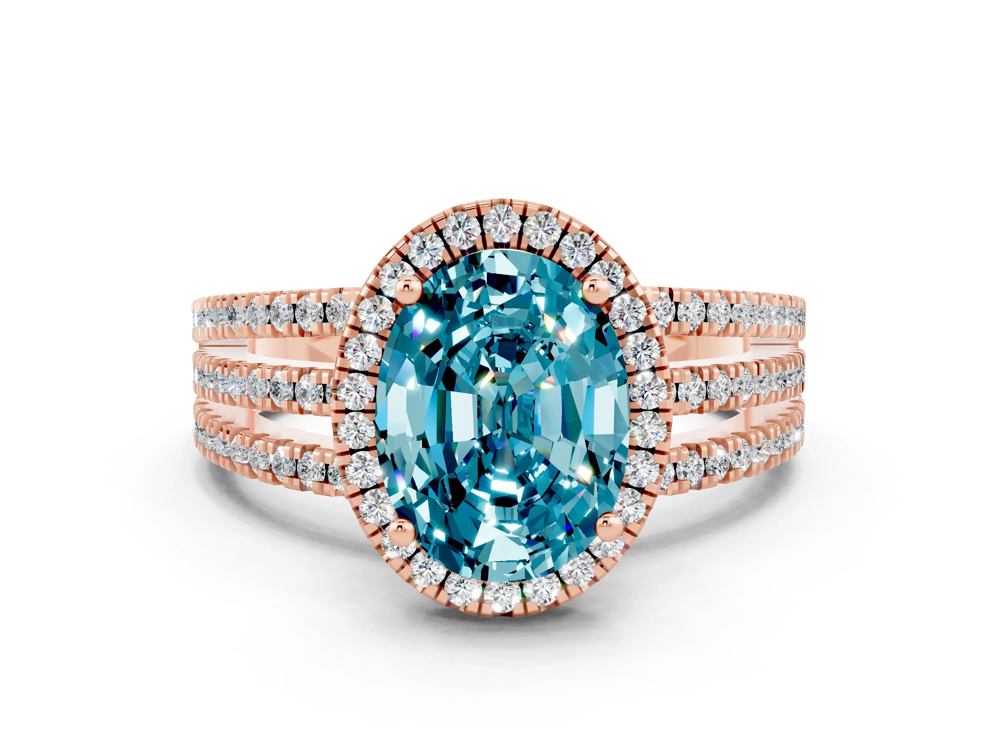 Rose gold {shape_name} Blue Topaz Halo Engagement Ring with Split Shank and Four-Prong Setting