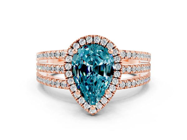 Rose gold Pear Cut Blue Topaz Halo Engagement Ring with Split Shank and Four-Prong Setting