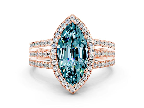 Rose gold Marquise Cut Blue Topaz Halo Engagement Ring with Split Shank and Four-Prong Setting