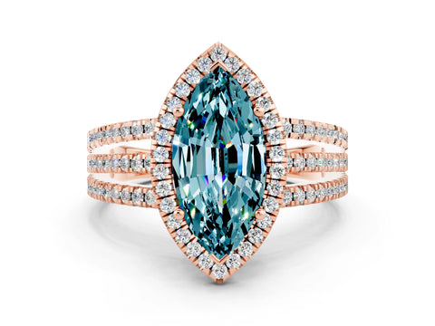 Rose gold {shape_name} Blue Topaz Halo Engagement Ring with Split Shank and Four-Prong Setting