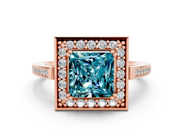 Rose gold Princess Cut Blue Topaz Halo Ring with Split Shank and Four-Prong Setting