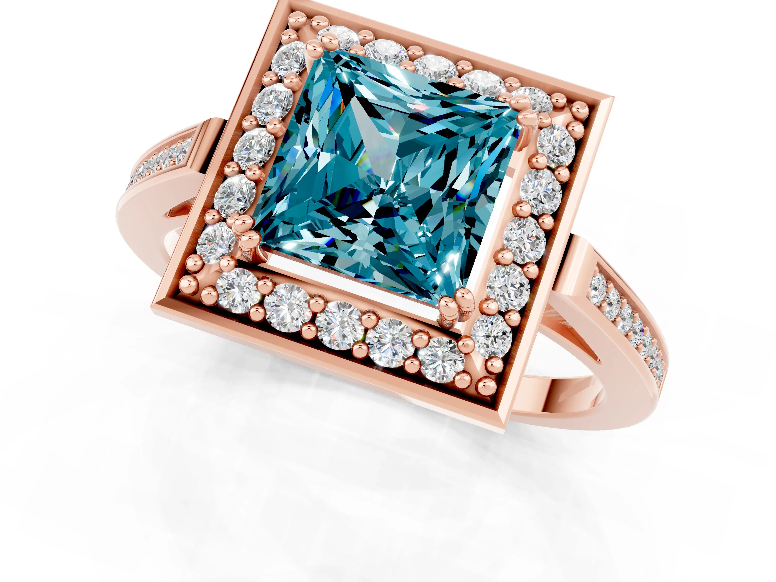 Rose gold {shape_name} Blue Topaz Halo Ring with Split Shank and Four-Prong Setting_1