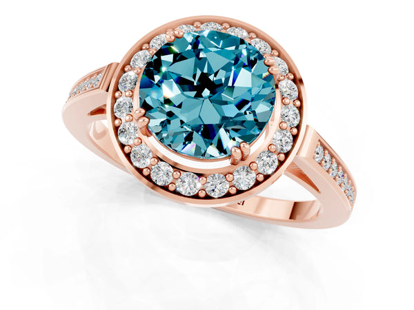 Rose gold Round Cut Blue Topaz Halo Ring with Split Shank and Four-Prong Setting