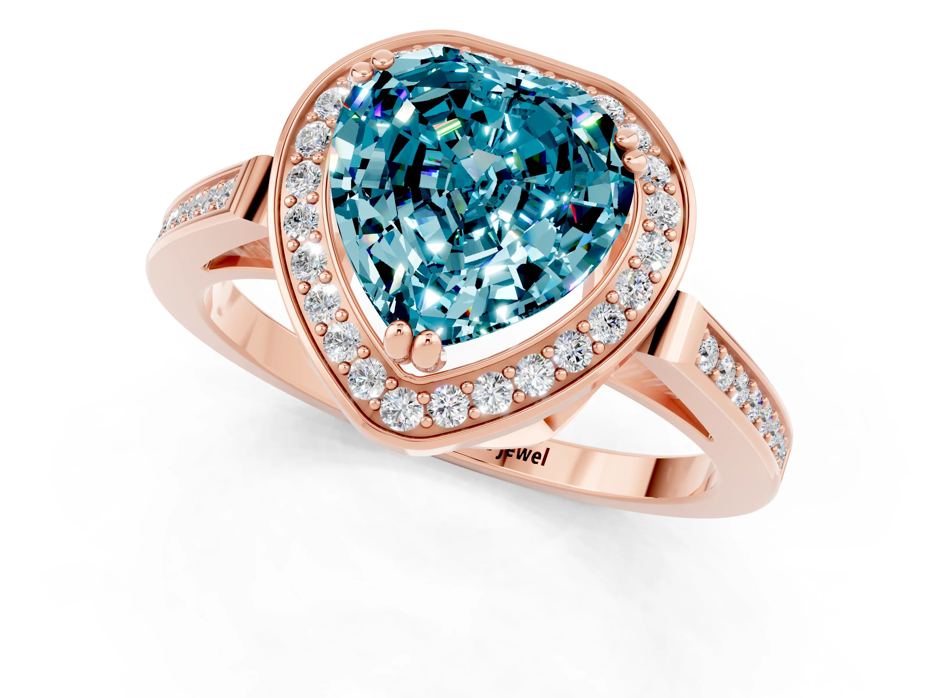 Rose gold {shape_name} Blue Topaz Halo Ring with Split Shank and Four-Prong Setting_1