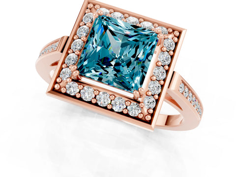 Rose gold {shape_name} Blue Topaz Halo Ring with Split Shank and Four-Prong Setting_1