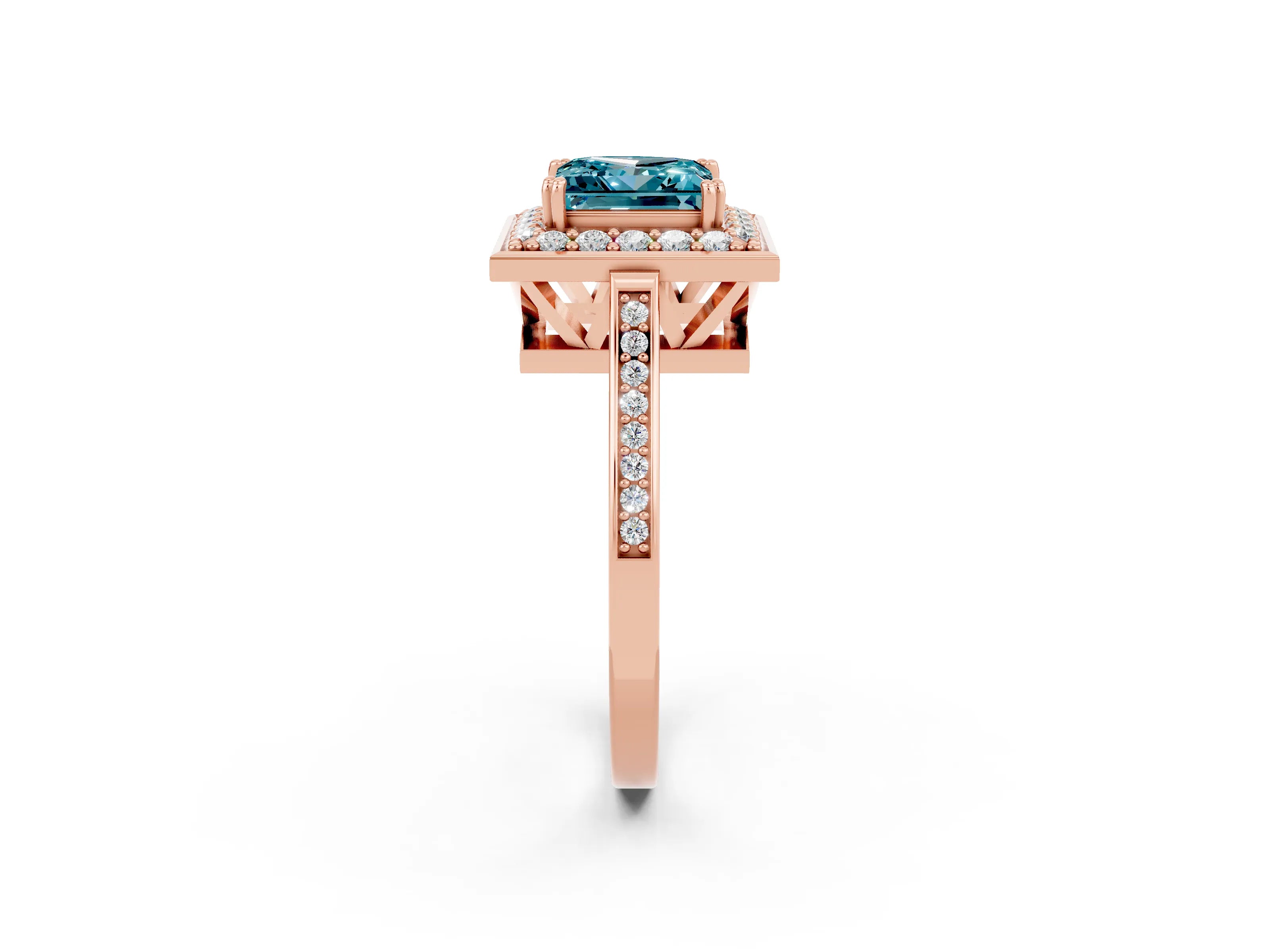 Rose gold {shape_name} Blue Topaz Halo Ring with Split Shank and Four-Prong Setting_2