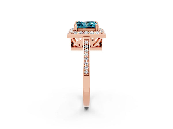 Rose gold Princess Cut Blue Topaz Halo Ring with Split Shank and Four-Prong Setting