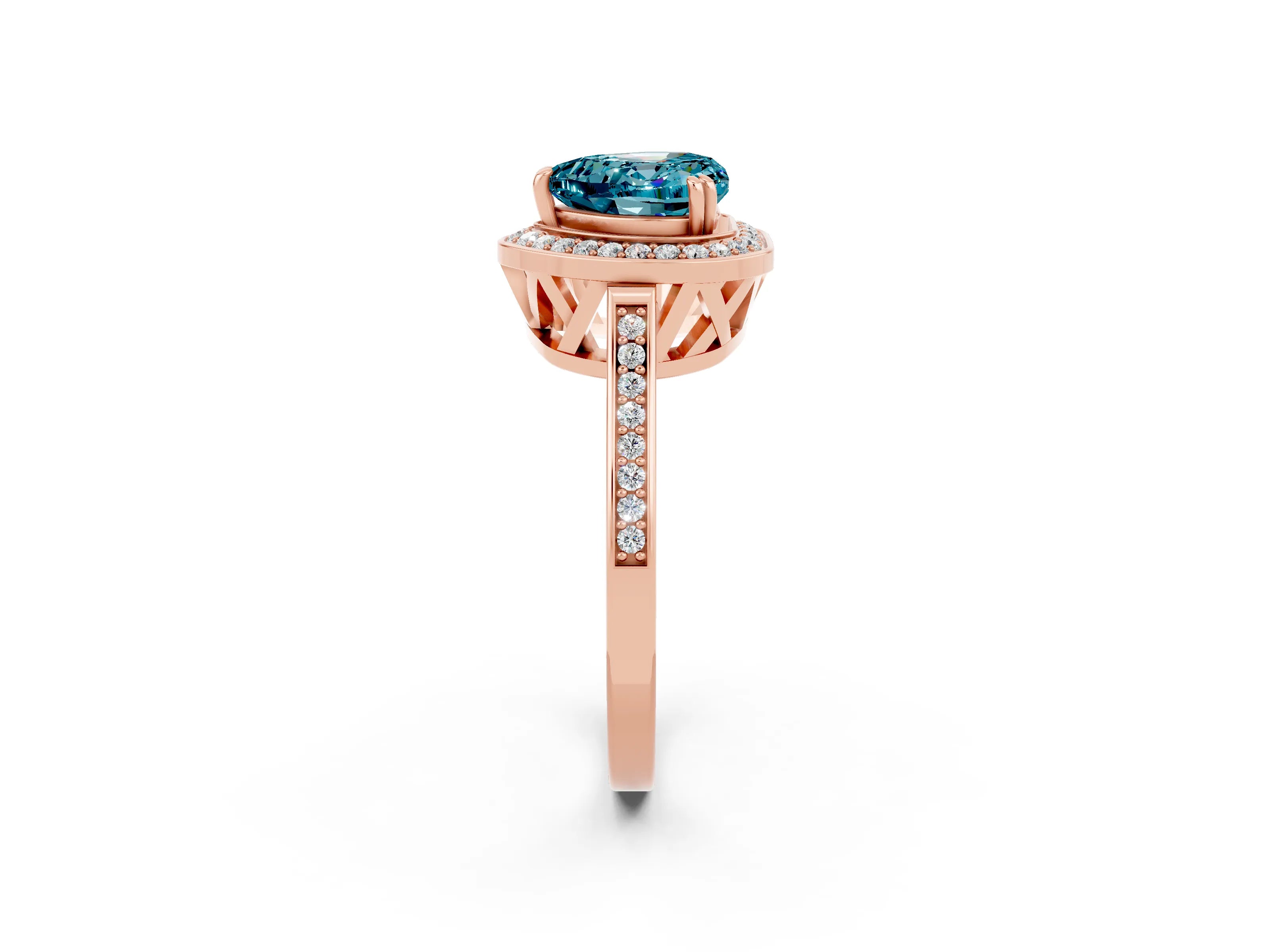 Rose gold {shape_name} Blue Topaz Halo Ring with Split Shank and Four-Prong Setting_2