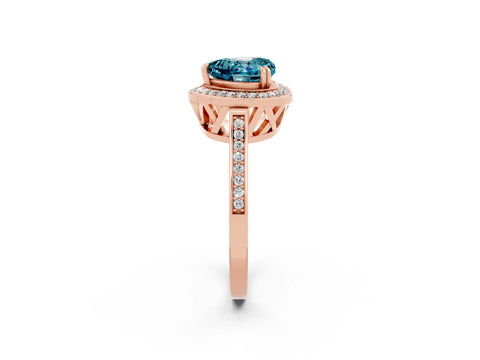 Rose gold {shape_name} Blue Topaz Halo Ring with Split Shank and Four-Prong Setting_2