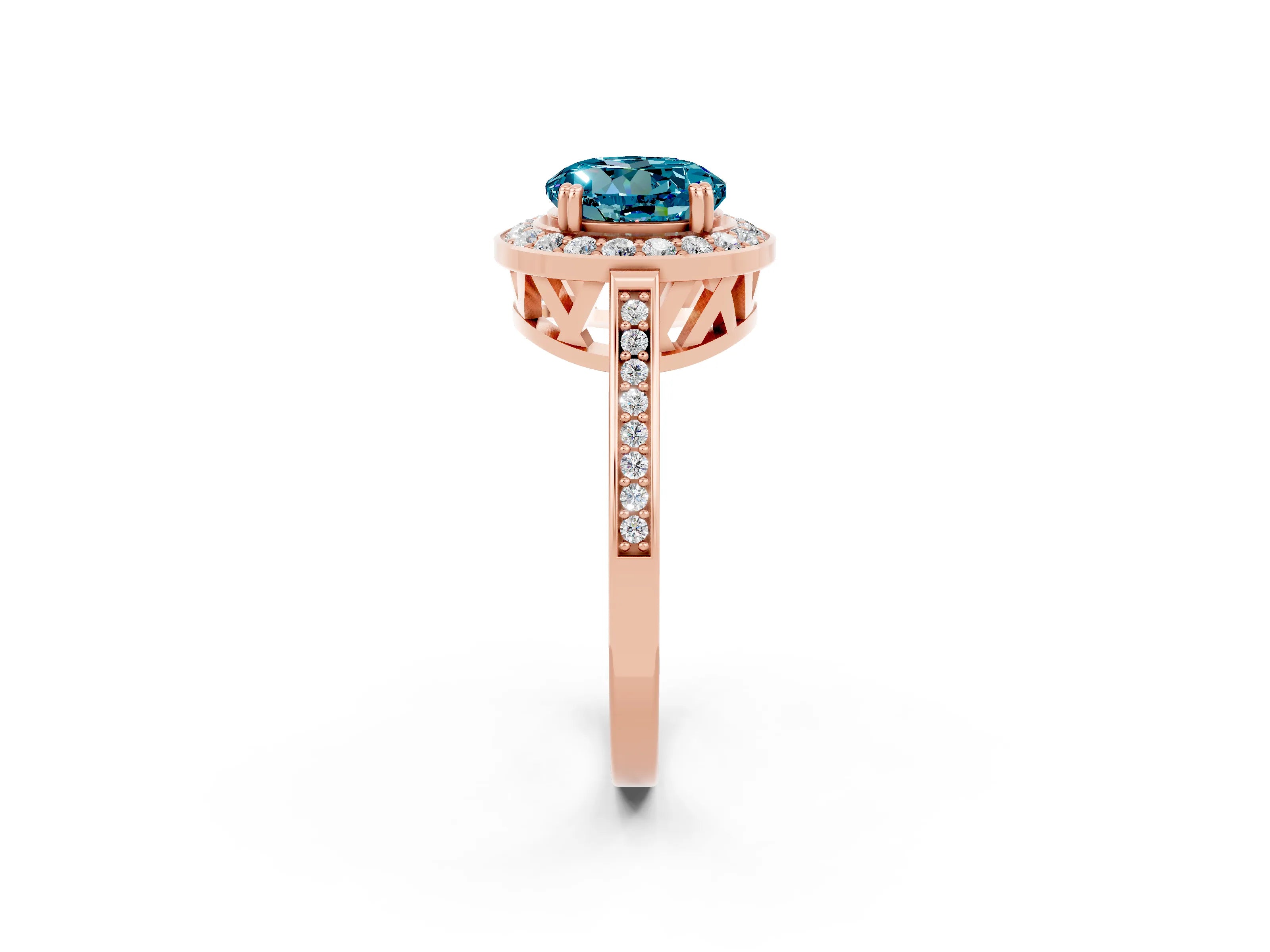 Rose gold {shape_name} Blue Topaz Halo Ring with Split Shank and Four-Prong Setting_2