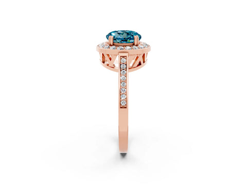 Rose gold {shape_name} Blue Topaz Halo Ring with Split Shank and Four-Prong Setting_2