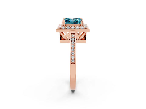 Rose gold {shape_name} Blue Topaz Halo Ring with Split Shank and Four-Prong Setting_2