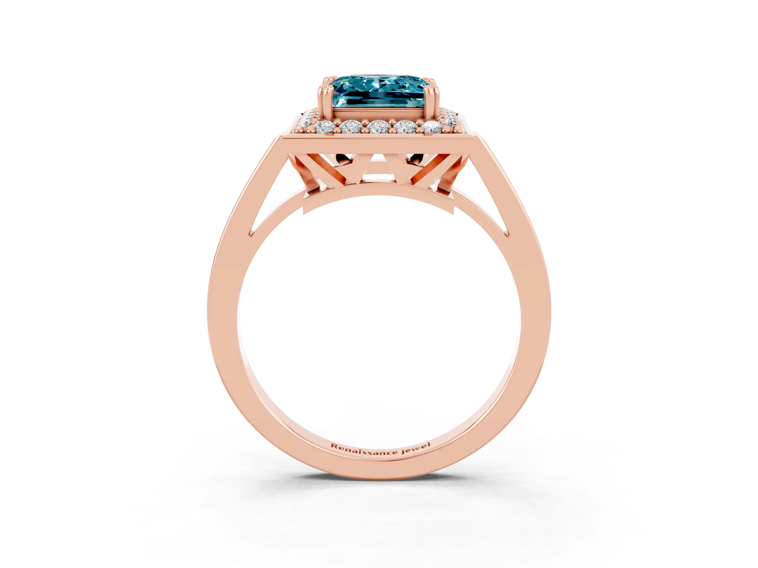 Rose gold {shape_name} Blue Topaz Halo Ring with Split Shank and Four-Prong Setting_3