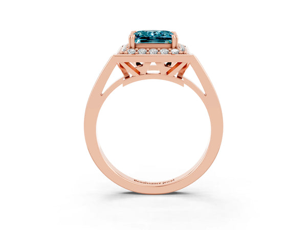 Rose gold Princess Cut Blue Topaz Halo Ring with Split Shank and Four-Prong Setting