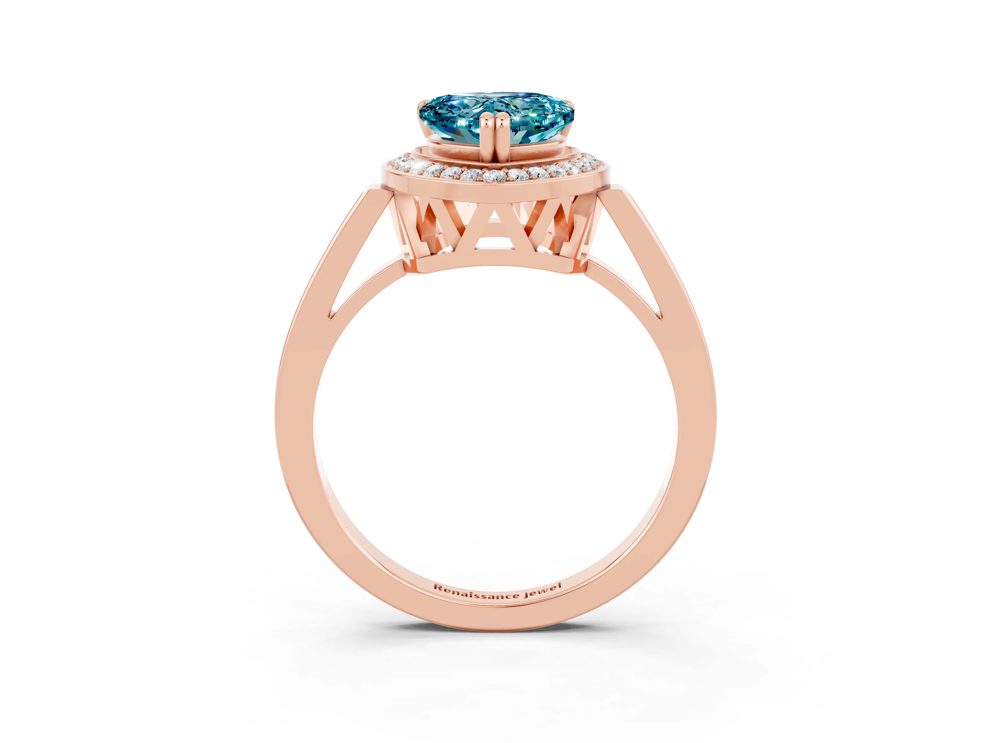 Rose gold {shape_name} Blue Topaz Halo Ring with Split Shank and Four-Prong Setting_3