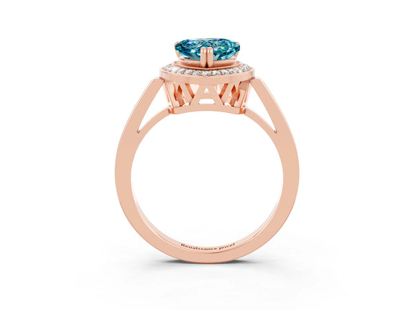 Rose gold Heart Cut Blue Topaz Halo Ring with Split Shank and Four-Prong Setting