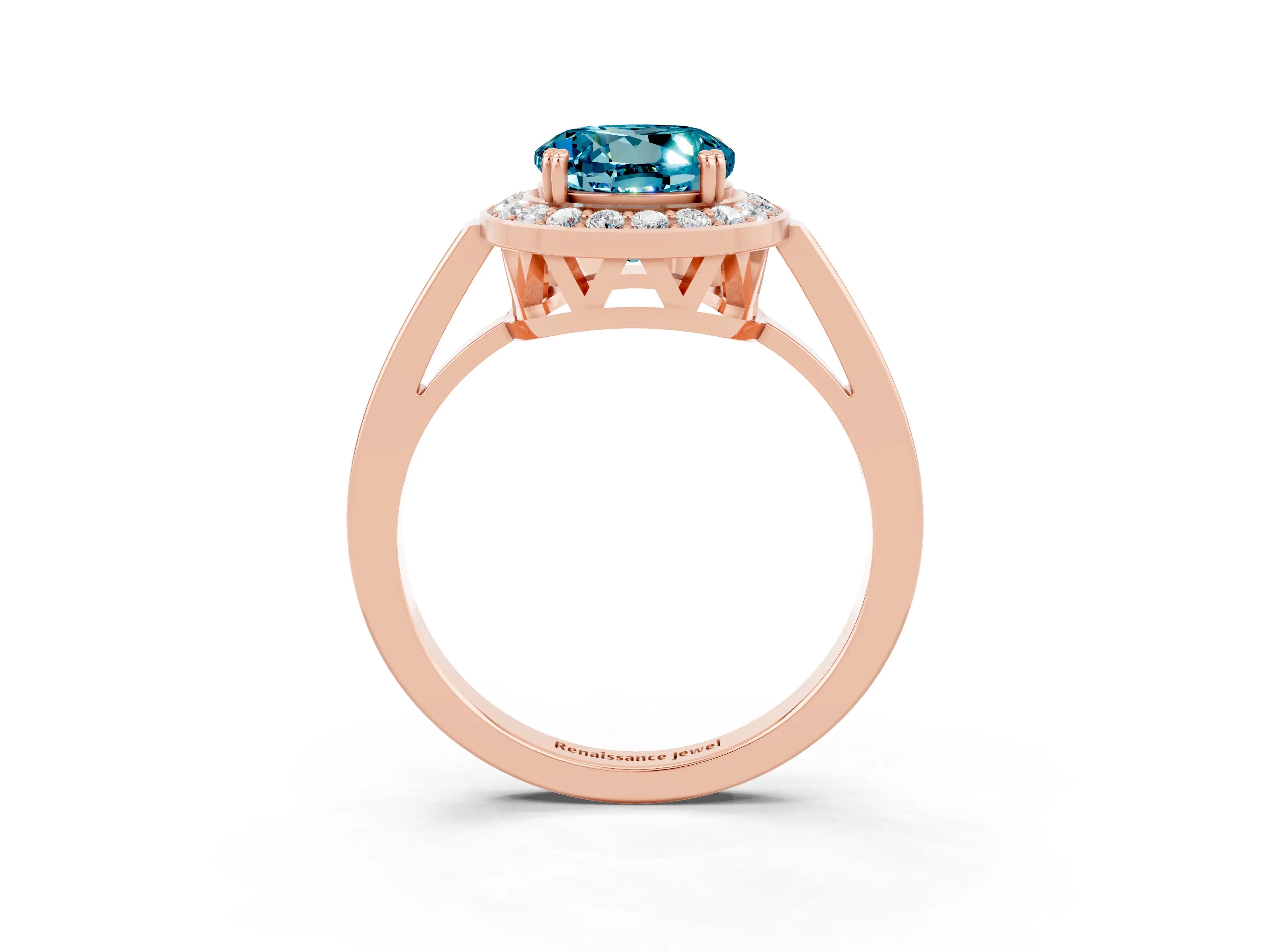 Rose gold {shape_name} Blue Topaz Halo Ring with Split Shank and Four-Prong Setting_3