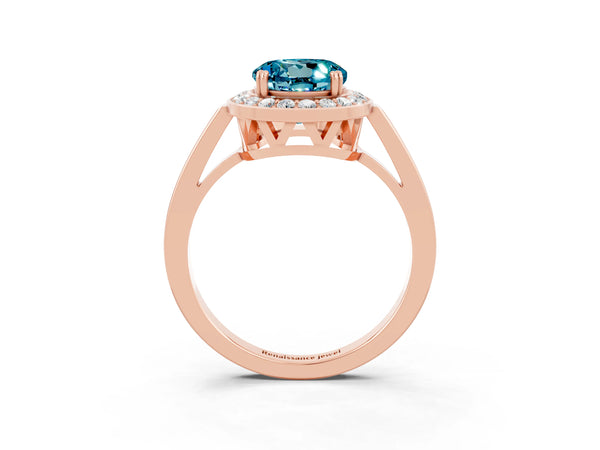 Rose gold Round Cut Blue Topaz Halo Ring with Split Shank and Four-Prong Setting