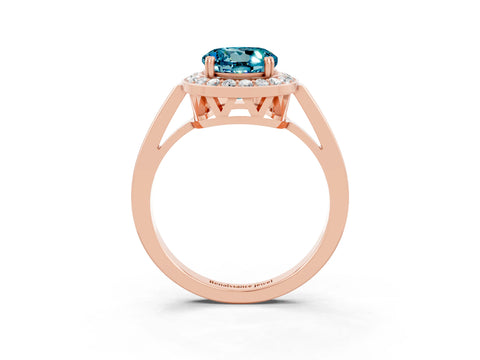 Rose gold {shape_name} Blue Topaz Halo Ring with Split Shank and Four-Prong Setting_3