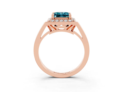 Rose gold {shape_name} Blue Topaz Halo Ring with Split Shank and Four-Prong Setting_3
