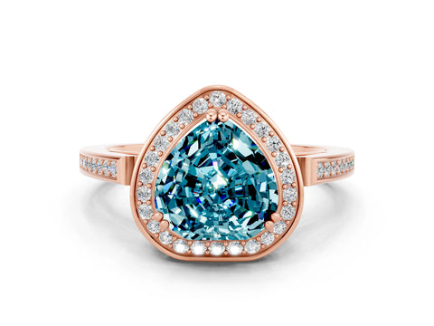 Rose gold {shape_name} Blue Topaz Halo Ring with Split Shank and Four-Prong Setting