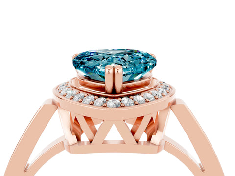 Rose gold {shape_name} Blue Topaz Halo Ring with Split Shank and Four-Prong Setting_4