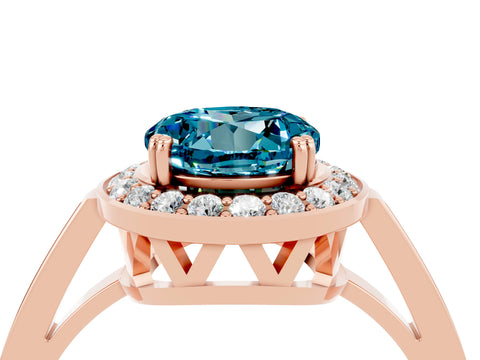 Rose gold {shape_name} Blue Topaz Halo Ring with Split Shank and Four-Prong Setting_4