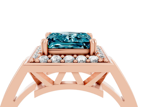Rose gold {shape_name} Blue Topaz Halo Ring with Split Shank and Four-Prong Setting_4