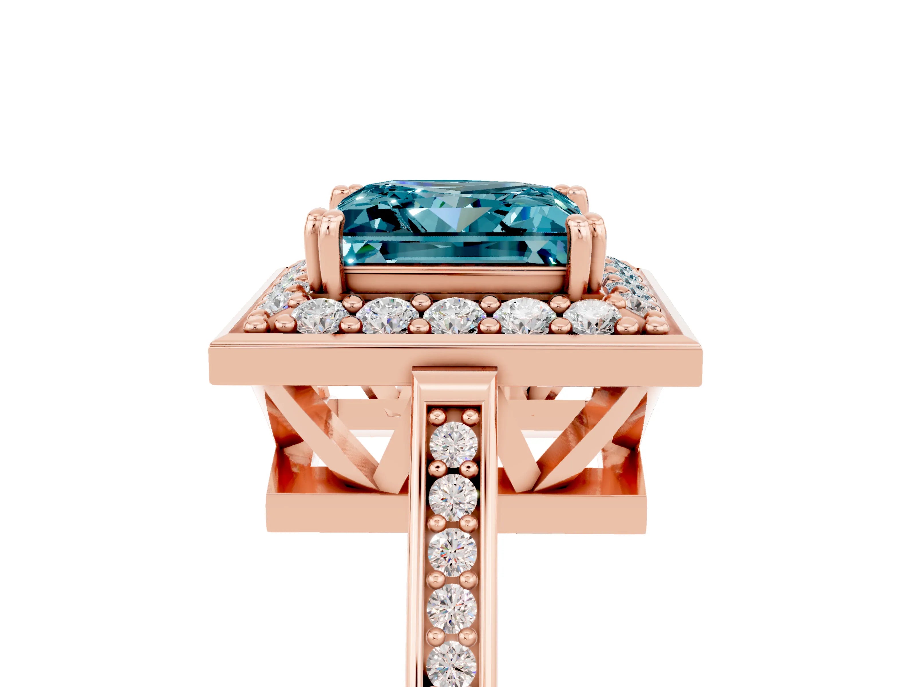 Rose gold {shape_name} Blue Topaz Halo Ring with Split Shank and Four-Prong Setting_5