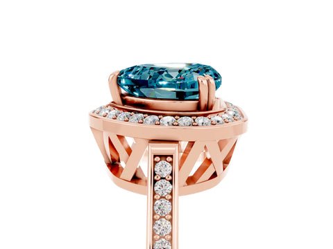 Rose gold {shape_name} Blue Topaz Halo Ring with Split Shank and Four-Prong Setting_5