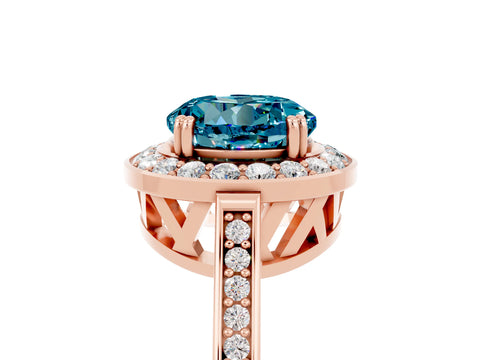 Rose gold {shape_name} Blue Topaz Halo Ring with Split Shank and Four-Prong Setting_5