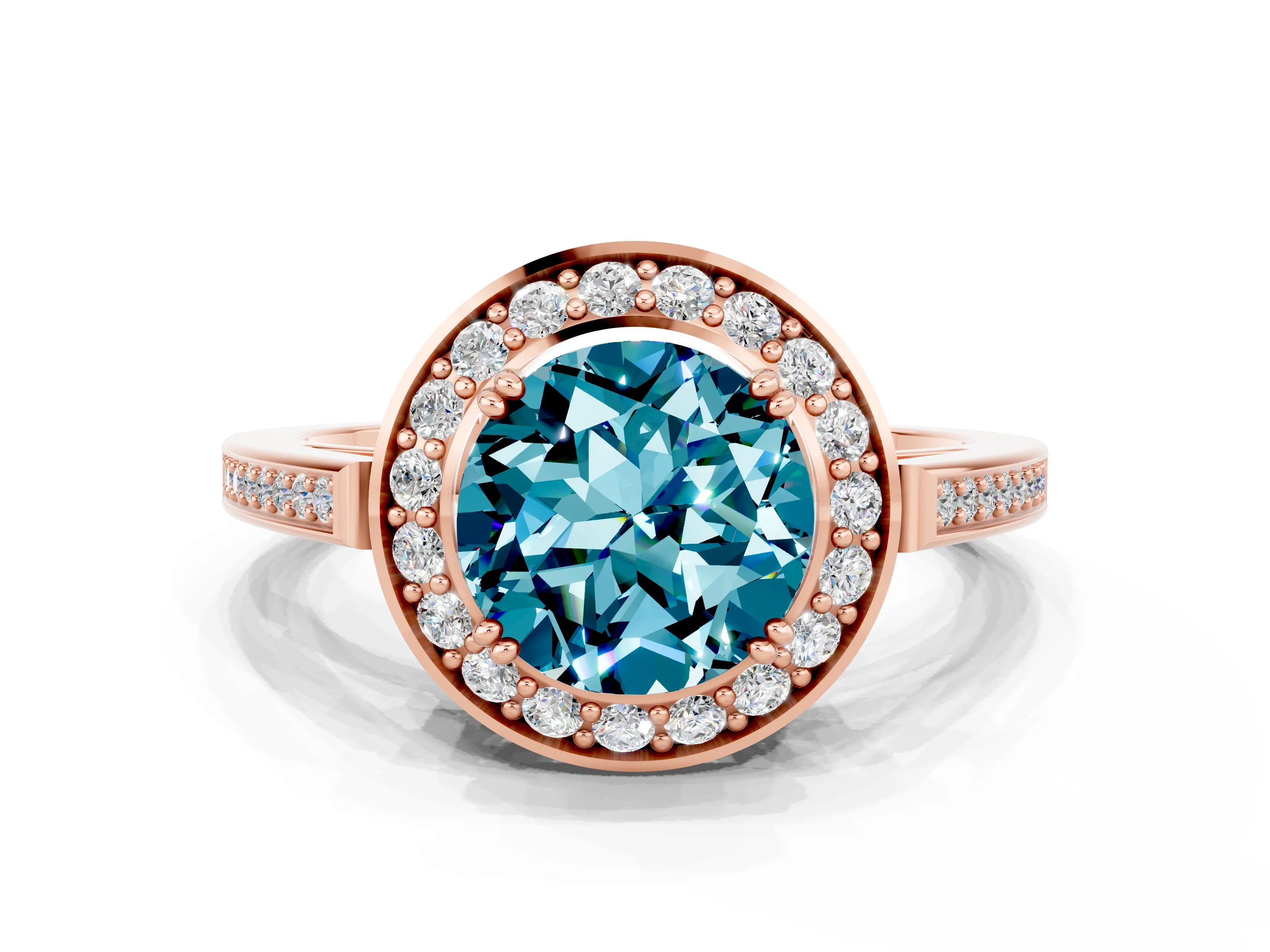 Rose gold {shape_name} Blue Topaz Halo Ring with Split Shank and Four-Prong Setting