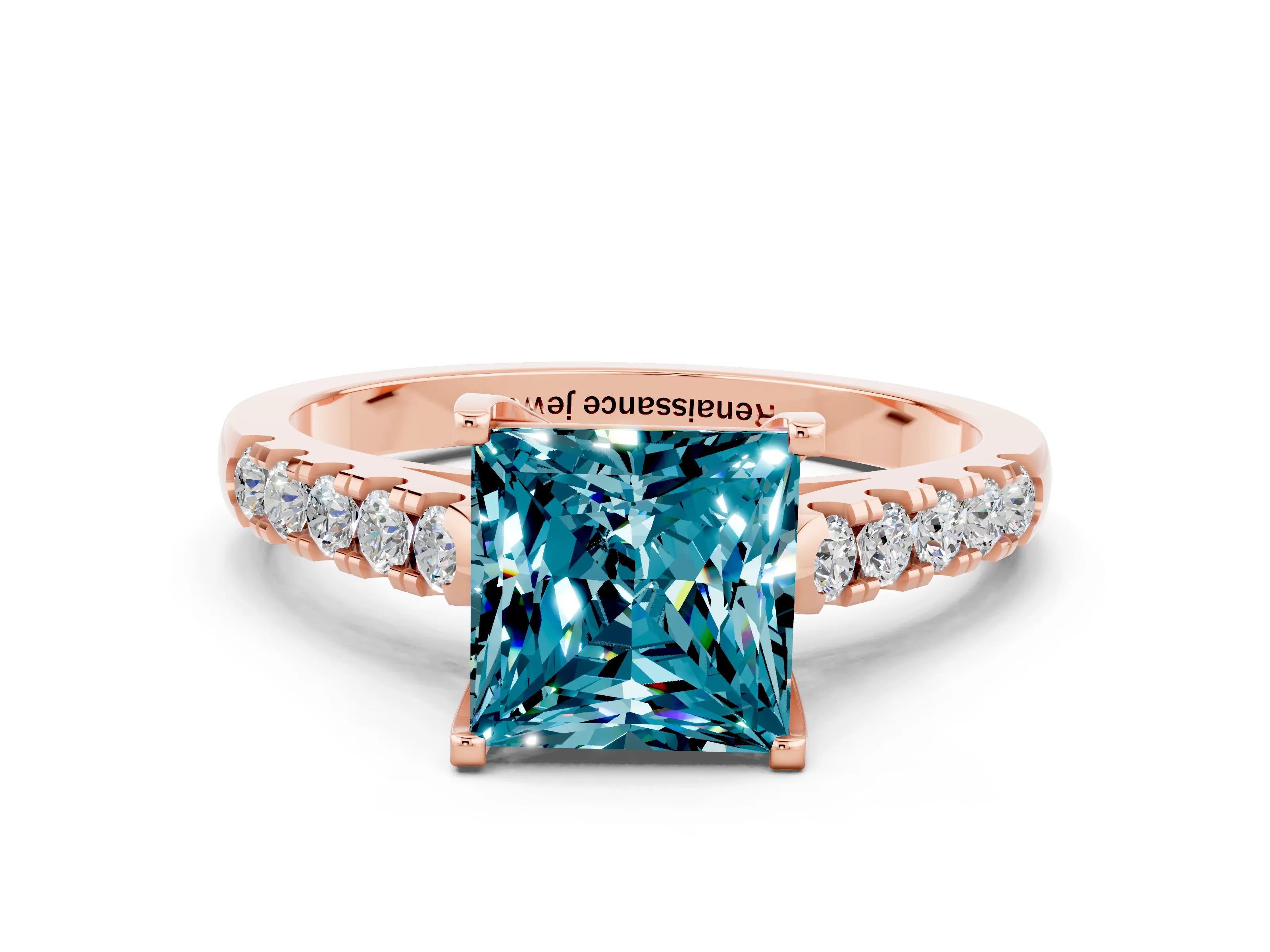 Rose gold {shape_name} Blue Topaz Solitaire Ring with Pavé Band and Four-Prong Setting