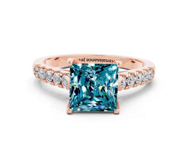 Rose gold Princess Cut Blue Topaz Pavé Band Solitaire Ring with Prong Setting