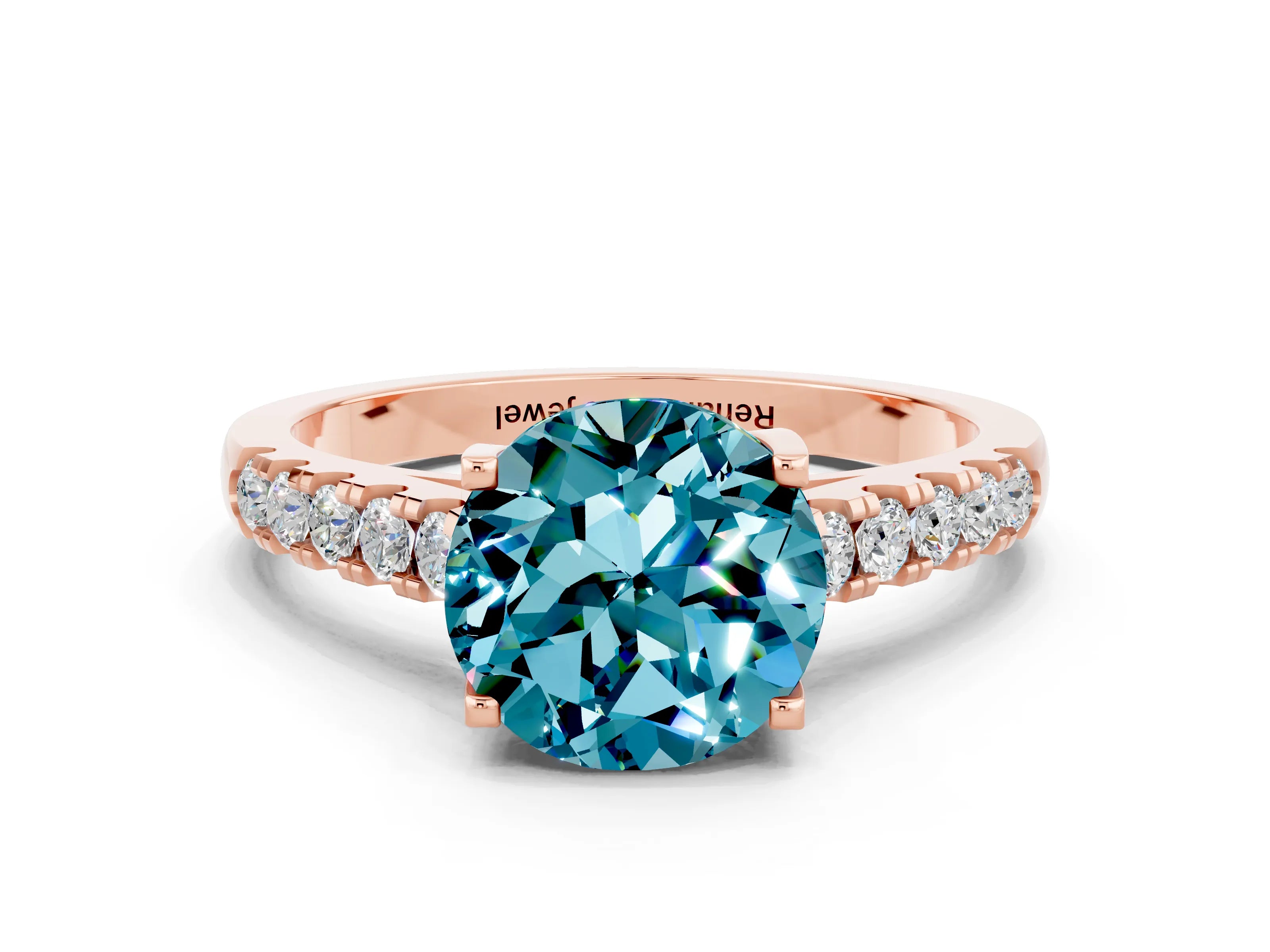 Rose gold {shape_name} Blue Topaz Solitaire Ring with Pavé Band and Four-Prong Setting