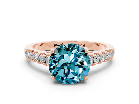Rose gold {shape_name} Blue Topaz Solitaire Ring with Pavé Band and Four-Prong Setting