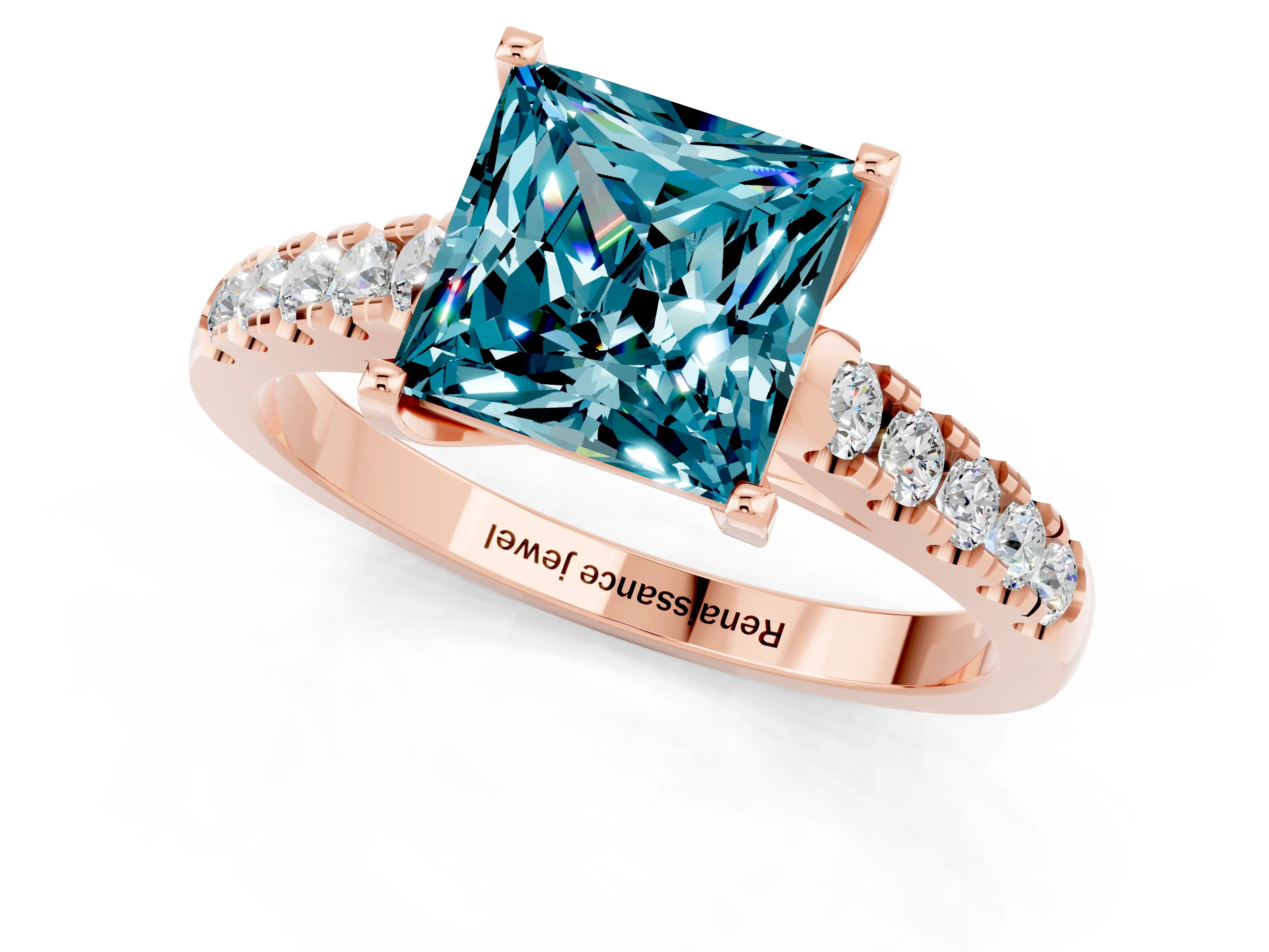 Rose gold {shape_name} Blue Topaz Solitaire Ring with Pavé Band and Four-Prong Setting_1