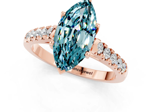 Rose gold Marquise Cut Blue Topaz Pavé Band Solitaire Ring with Prong Setting