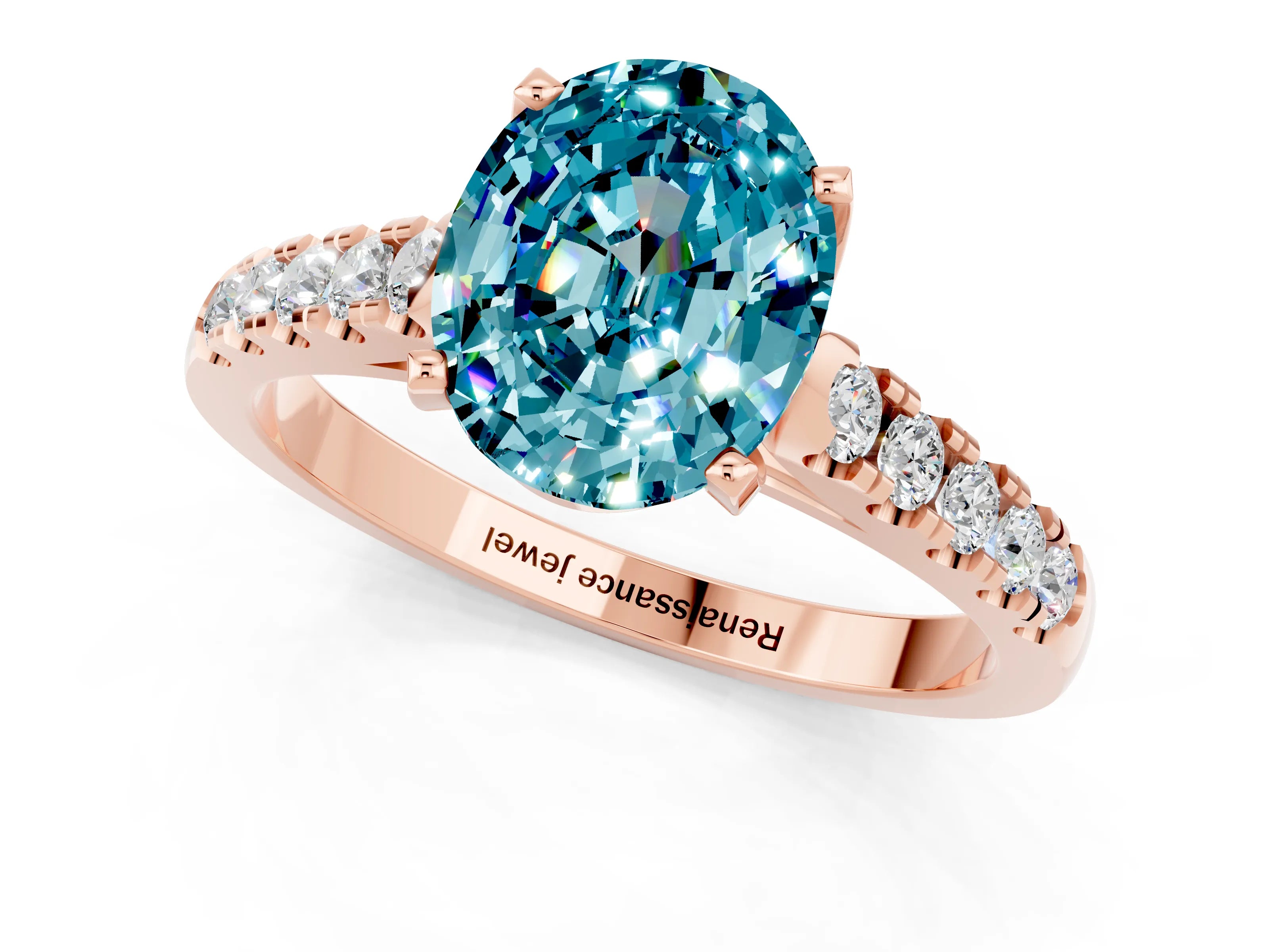 Rose gold {shape_name} Blue Topaz Solitaire Ring with Pavé Band and Four-Prong Setting_1