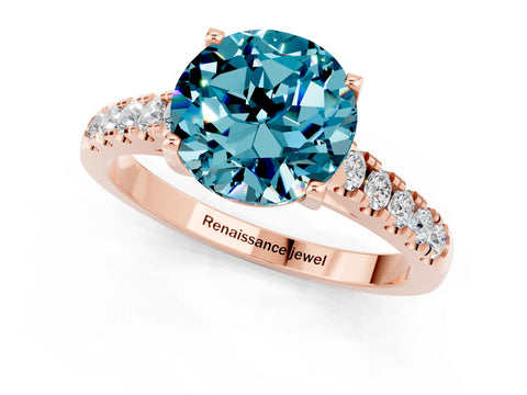 Rose gold {shape_name} Blue Topaz Solitaire Ring with Pavé Band and Four-Prong Setting_1
