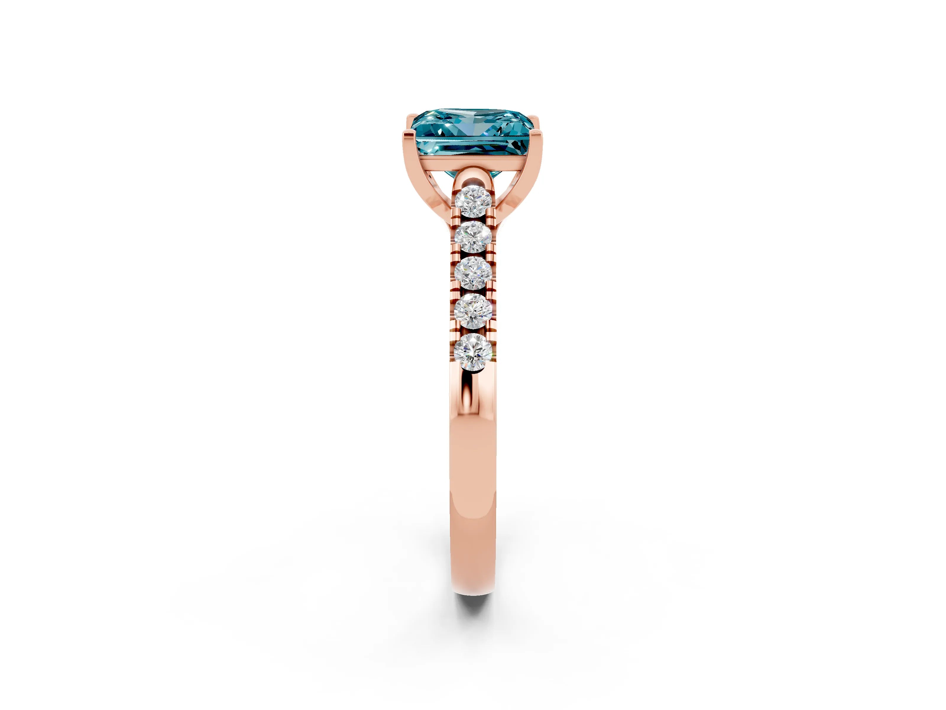 Rose gold {shape_name} Blue Topaz Solitaire Ring with Pavé Band and Four-Prong Setting_2