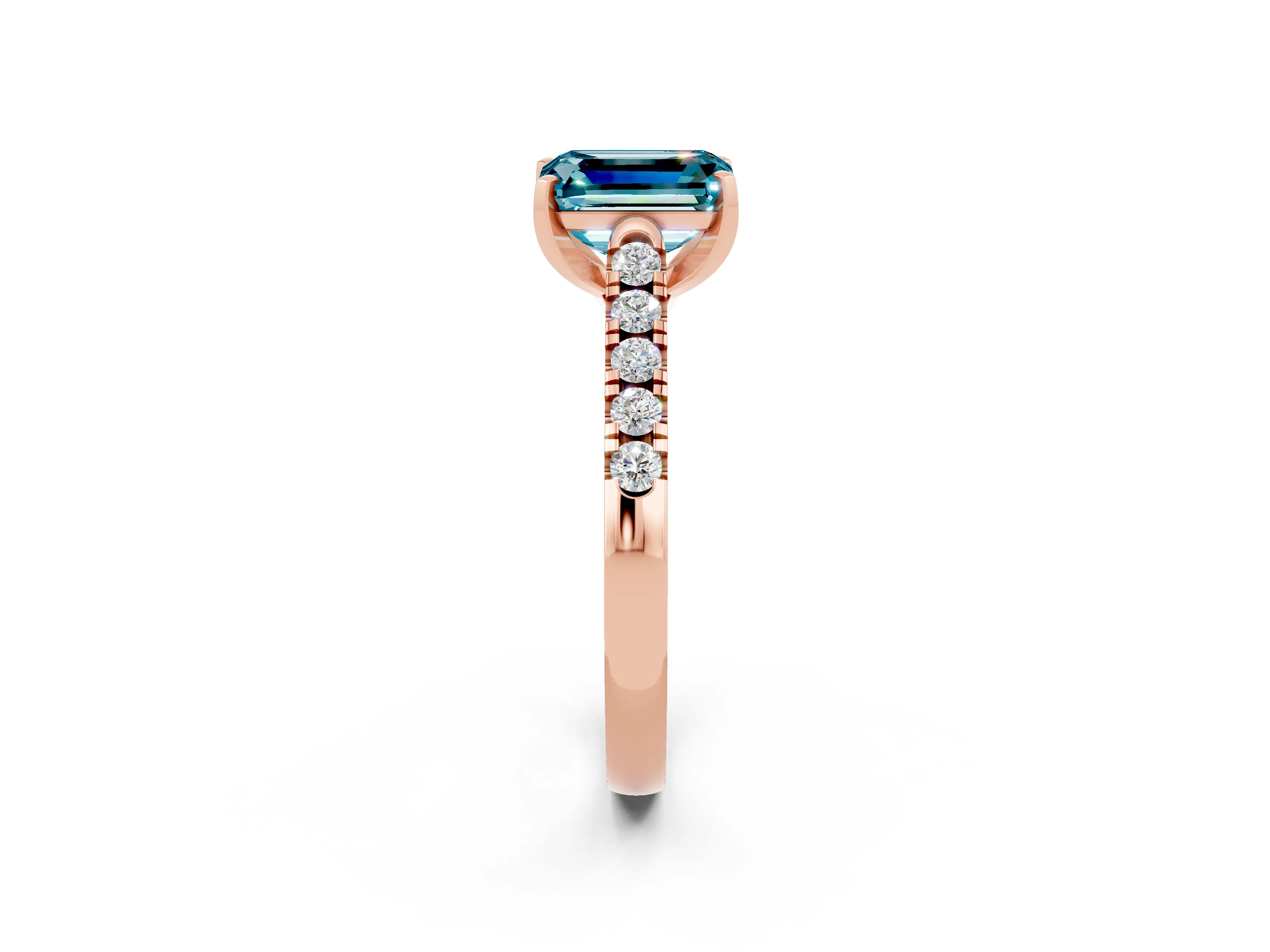Rose gold {shape_name} Blue Topaz Solitaire Ring with Pavé Band and Four-Prong Setting_2
